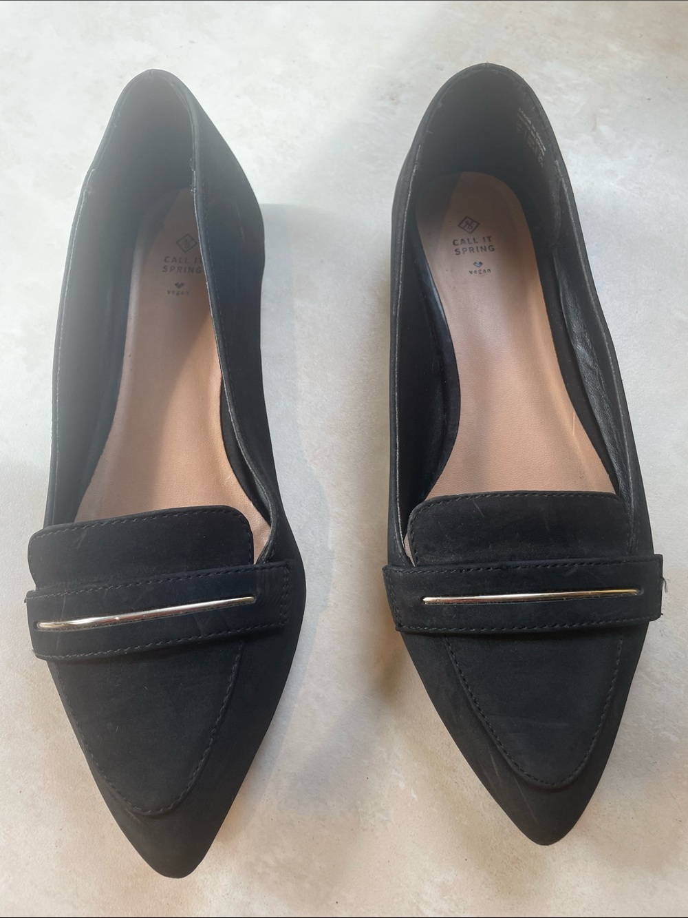 Call It Spring Black Pointed Loafers with Gold Accent Size 8 Vegan Material